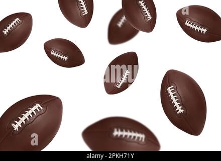 Balles de football américain en cuir volant sur fond blanc Banque D'Images