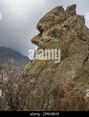 Forme rocheuse inhabituelle similaire au profil du visage humain. Paysage de la réserve de Karadag au printemps ciel nuageux. Crimée Banque D'Images