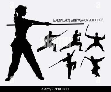 Wushu avec arme arts martiaux sport silhouette Illustration de Vecteur