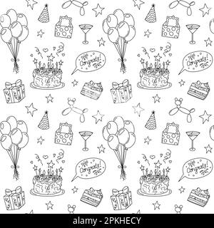 Motif de gribouillages d'anniversaire. Fond noir et blanc vectoriel sans couture avec des éléments amusants pour les câlins. Répétez l'illustration. Illustration de Vecteur