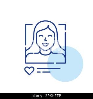 Dater le profil d'utilisateur de fille d'application. Fille souriante avec de longs cheveux, biographie et comme. Pixel Perfect, icône de contour modifiable Illustration de Vecteur