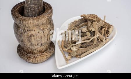 Mauvaise herbe de porc, diffusa de Boerhavia, racines séchées, sur un bol en céramique blanc. Banque D'Images