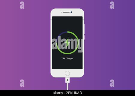 Charge du smartphone isolée sur fond blanc. Vue de dessus de l'éclairage de la progression du chargement sur l'écran du smartphone. Illustration de Vecteur