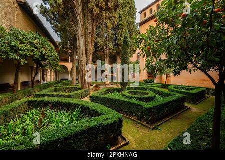 Le jardin Daraxas sur les palais Nasrid à l'intérieur du complexe de forteresse de l'Alhambra situé à Grenade, Espagne Banque D'Images