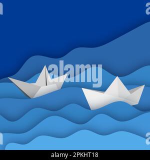 Expédition papier sur les vagues, arrière-plan, carte postale, invitation, pour impression. Dans le style de pipercut Illustration de Vecteur