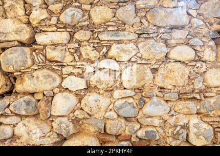 Texture d'arrière-plan beige vide en grès ancien. Mur en pierre solide rugueux d'époque, maçonnerie vierge ou sol pour toile de fond. Copier l'espace. Banque D'Images