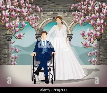 Un couple marié devant un paysage avec arcades en pierre et magnolias. Le mari est en fauteuil roulant et a un handicap. Concept d'inclusion. Banque D'Images