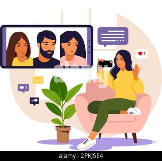 Femme utilisant le téléphone pour une réunion virtuelle collective et une vidéoconférence de groupe. Femme discutant avec des amis en ligne. Visioconférence, travail à distance Illustration de Vecteur