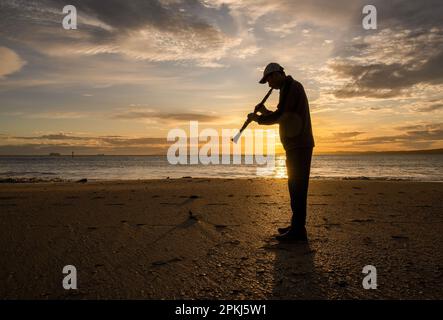 Musicien jouant de la clarinette sur une plage de sable au lever du soleil. Auckland. Banque D'Images