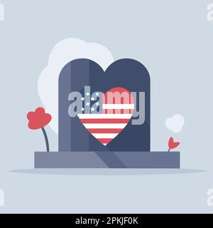 tombe dans un cimetière avec des fleurs rouges et drapeau de l'illustration vectorielle minimaliste des états-unis Illustration de Vecteur