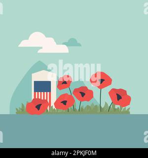 tombe dans un cimetière avec des fleurs rouges et drapeau de l'illustration vectorielle minimaliste des états-unis Illustration de Vecteur