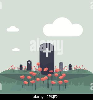 tombe dans un cimetière avec fleurs rouges illustration vectorielle minimaliste Illustration de Vecteur