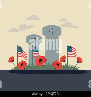 tombe dans un cimetière avec des fleurs rouges et drapeau de l'illustration vectorielle minimaliste des états-unis Illustration de Vecteur