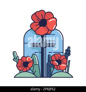 fleurs de pavot rouge dans l'illustration vectorielle minimaliste du cimetière Illustration de Vecteur