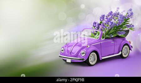 Un tas de lavande dans une voiture miniature cabrio rétro sur fond de nature Banque D'Images