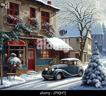 Rue de village de Noël à la journée d'hiver, illustration vectorielle Illustration de Vecteur