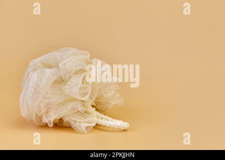 Débarbouillette éponge en maille beige, un seul objet sur fond beige. Gros plan avec espace de copie. Chiffon de douche synthétique doux. Hyg. De lavage Banque D'Images