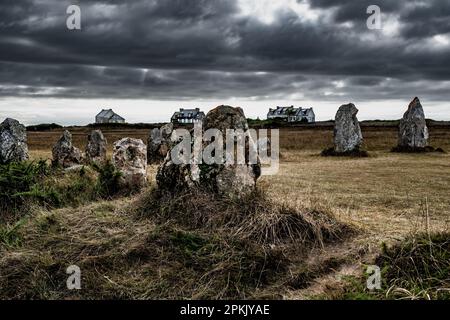 Mégalith cercle de pierres, alignements de Lagatjar près de Finistère Village Camaret sur Mer en Bretagne, France Banque D'Images