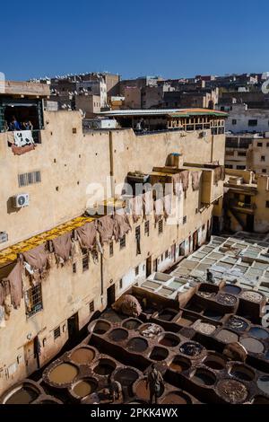 Vue générale des cuves de colorants et d'agents adoucissants dans la tannerie de Chouara à Fès Medina Maroc Banque D'Images