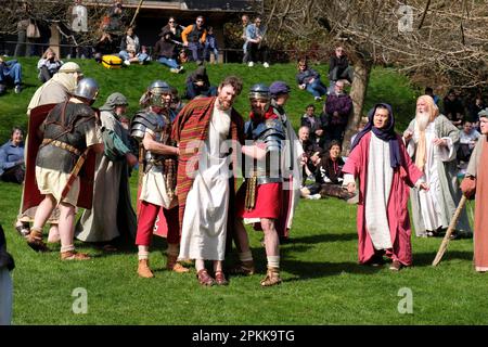 Édimbourg, Écosse, Royaume-Uni. 8th avril 2023. Donner vie à l'histoire de Pâques, un jeu de passion traditionnel en costume complet, mettant en vedette la vie, la mort et la résurrection de Jésus, tous joués dans les jardins West Princes Street Gardens sous la toile de fond emblématique du château d'Édimbourg. Avec les soldats de la Garde Antonine. Jésus étant arrêté par des soldats romains dans le jardin de Gethsemane. Crédit : Craig Brown/Alay Live News Banque D'Images