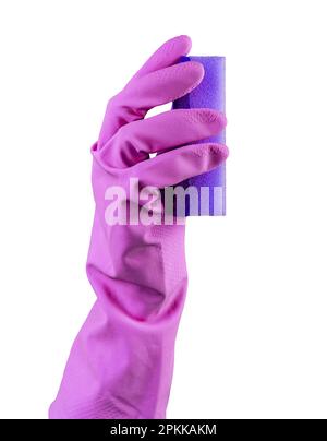 Main dans un gant en caoutchouc violet contenant une éponge de lavage violette pour le nettoyage isolée sur fond blanc. Banque D'Images