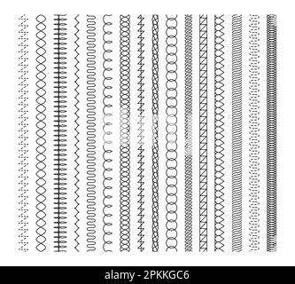 Points de broderie. Motifs de couture détaillés pour un motif textile avec motifs floraux et géométriques. Graphiques vectoriels cousus à la main. Surverrouiller les bordures ou les séparateurs en zigzag et en ligne ondulée Illustration de Vecteur