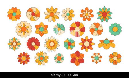 Fleurs hippie linéaires. Icônes de fleurs de l'aine de Doodle, symboles de puissance des fleurs des années 60, contour abstrait des symboles de fleurs colorés. Collection de vecteurs. Différents éléments floraux, ensemble isolé de fleurs vives Illustration de Vecteur