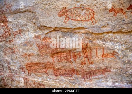 Peinture d'art rupestre à Pedra Furada, Parc national de Serra da Capivara, site classé au patrimoine mondial de l'UNESCO, Piaui, Brésil, Amérique du Sud Banque D'Images