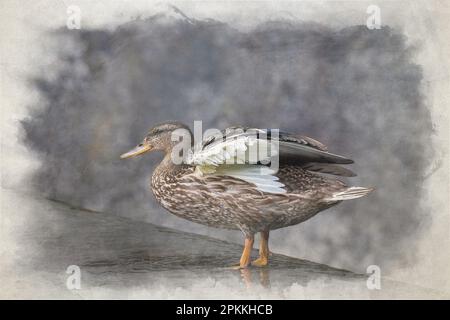 Peinture numérique aquarelle d'un canard malard femelle, anas platyrhynchos, gros plan, posant et en profil, avec un fond bokeh. Banque D'Images