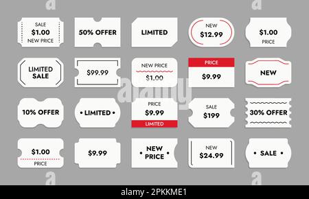 Étiquettes de prix des produits. Maquette de l'étiquette de prix avec code de date, autocollants vierges pour le supermarché pour la marque d'expiration de la vente, identifiant du produit d'épicerie Ensemble de vecteurs. Badges pour le shopping de différentes formes Illustration de Vecteur
