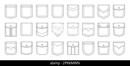 Poches ligne. Pièces de couture pour pantalons hommes et femmes, uniforme textile et éléments de tissu en sac. Ensemble de formes de tissu en coton vectoriel. Vêtements de mode, vêtements décontractés objets isolés Illustration de Vecteur