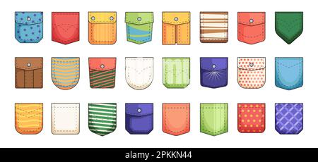 Collection de poches de dessin animé. Poches cargo et plaquées pour les vêtements, style décontracté et uniforme des icônes textiles, motif patchwork en tissu mode. Ensemble vectoriel isolé. Vêtements colorés pour femme et homme Illustration de Vecteur