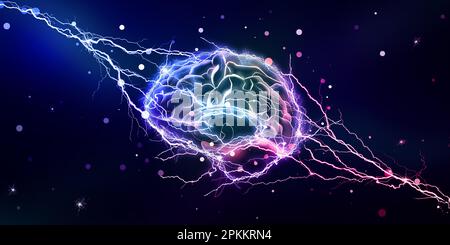 Illustration du cerveau humain avec des coups de foudre sur fond de couleur. Bannière Banque D'Images