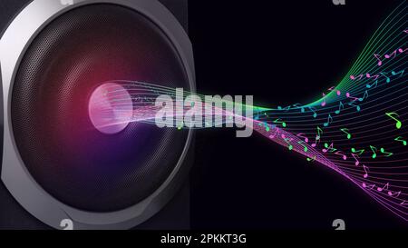 Haut-parleur puissant et moderne et ondes sonores sur fond sombre Banque D'Images
