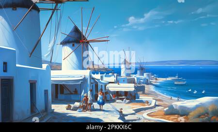 Illustration de la belle vue sur l'île de Mykonos, Grèce Banque D'Images