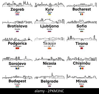 Les villes d'Europe de l'est et du Sud donnent un aperçu des lignes aériennes Illustration de Vecteur