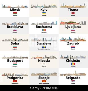 Les villes d'Europe de l'est et du Sud présentent des illustrations avec des drapeaux pays ensemble vectoriel Illustration de Vecteur