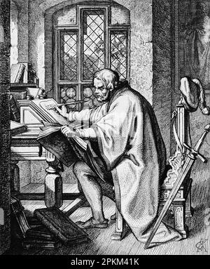 Au château de Wartburg, Martin Luther commence à traduire le Nouveau Testament de la bible latine en allemand, illustration historique 1851 Banque D'Images