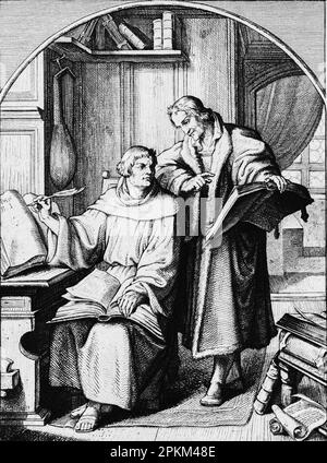 Avec l'aide de Philipp Melanchthon, Luther poursuit la traduction de la bible latine 1523-1524, illustration historique 1851 Banque D'Images
