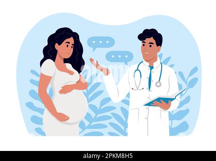 Une femme enceinte parle à un gynécologue obstétricien. Une femme qui attend un bébé visite le bureau des médecins, examen pendant la grossesse. Consulter Illustration de Vecteur