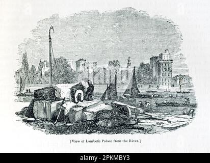 Gravure du 19th siècle de la vue du palais de Lambeth depuis la rivière. Banque D'Images