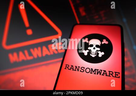 Dans cette illustration, la représentation d'un ransomware s'affiche sur l'écran d'un smartphone. Ransomware est un type de détournement de données personnelles malware. Banque D'Images