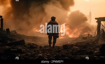 Une silhouette de soldat universel moderne sur le champ de bataille. Banque D'Images