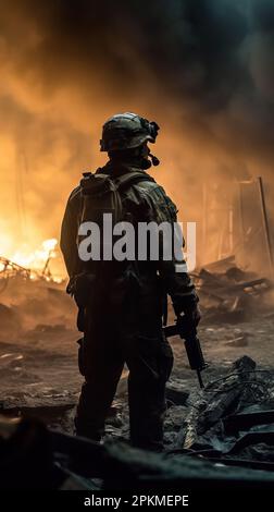 Une silhouette de soldat universel moderne sur le champ de bataille. Banque D'Images