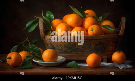 Mandarines mûres dans un panier. Sur fond en bois Banque D'Images