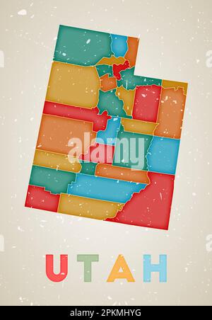 Carte de l'Utah. Affiche de l'état AMÉRICAIN avec des régions colorées. Texture grunge ancienne. Illustration vectorielle de l'Utah avec le nom de l'état américain. Illustration de Vecteur