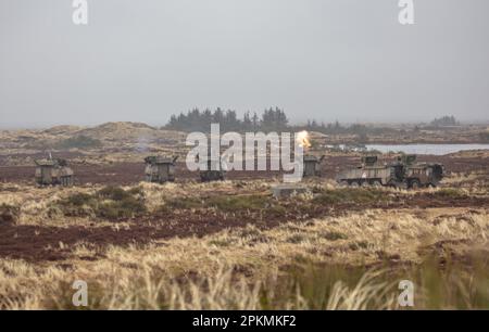 Des soldats danois affectés au bataillon d'artillerie de 1st ont tiré le Piranha V avec le CARDOM 10, un système de mortier de récupération de 120mm comme les dirigeants de 18 pays participants observent des manifestations de feu en direct pendant le Front dynamique 23 à Oksbol, Danemark, 30 mars 2023. L'exercice Dynamic Front 23 est un L'armée européenne et l'Afrique dirigée, 56th le commandement de l'Artillerie dirigé, exercice multinational conçu pour améliorer la capacité des pays alliés et partenaires d'exécuter des feux multi-échelon, et de tester l'interopérabilité des systèmes de feux tactiques et de théâtre dans un environnement vivant. (É.-U. Photo de la Garde nationale de l'armée par le Sgt Banque D'Images