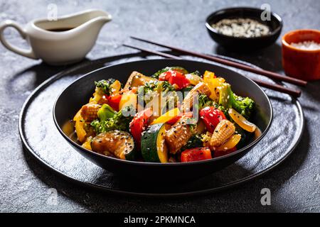 sauté de légumes de poivron, d'oignon, de courgettes, de maïs en petits épis, de bouquets de brocoli versés avec de la sauce soya collante dans un bol noir avec des baguettes Banque D'Images