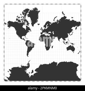 Carte du monde vectoriel. Projection Mercator sphérique. Carte géographique du monde Uni avec lignes de latitude et de longitude. Centré sur 0deg longitude. Vecteur il Illustration de Vecteur