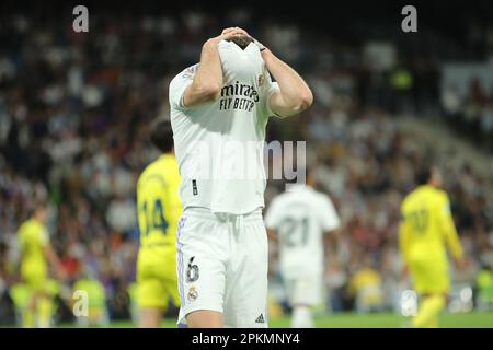 Madrid, Espagne. 01st mars 2023. Le Nacho Fernández du Real Madrid réagit lors du match de la Ligue 28 entre le Real Madrid et Villareal au stade Santiago Bernabeu de Madrid, en Espagne, sur 8 avril 2023. Crédit : Edward F. Peters/Alay Live News Banque D'Images